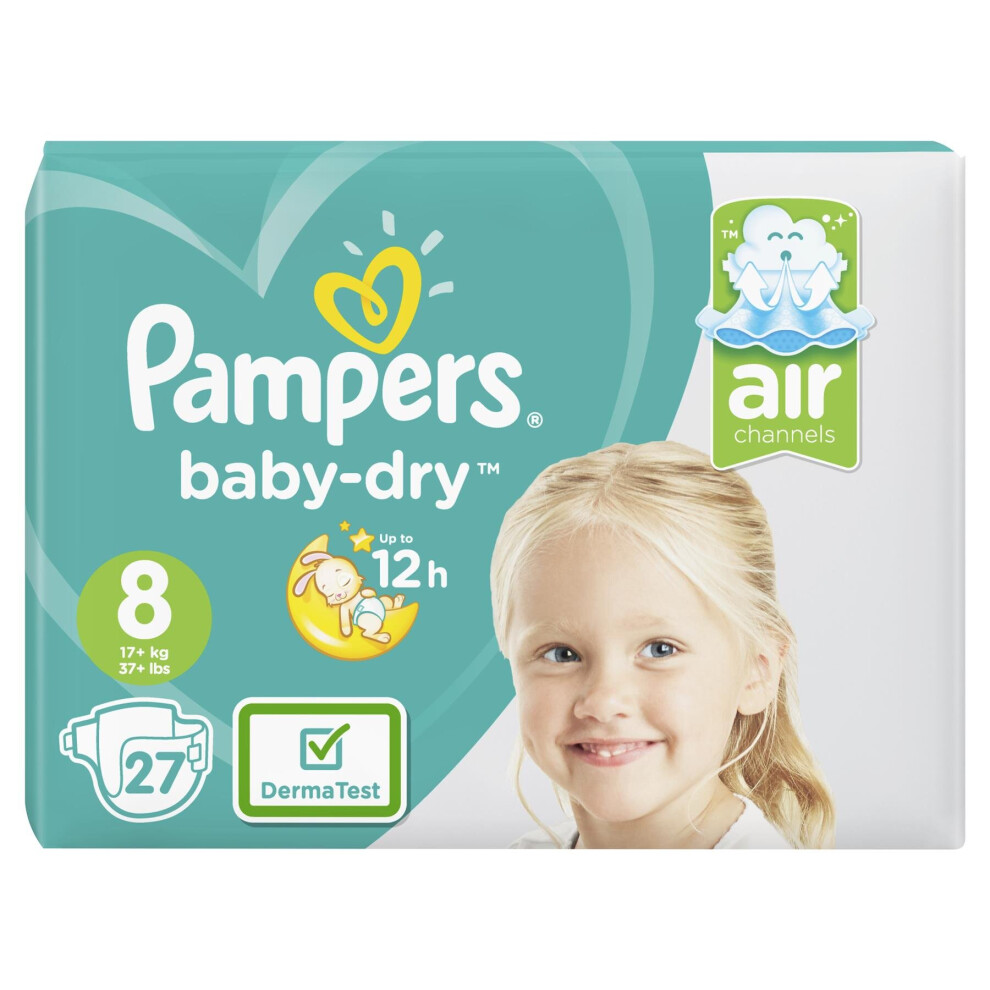 Pampers Baby Extra Dry Nappies Size 8 Essential Pack/Stretchy/Absorbent, 27 Pack