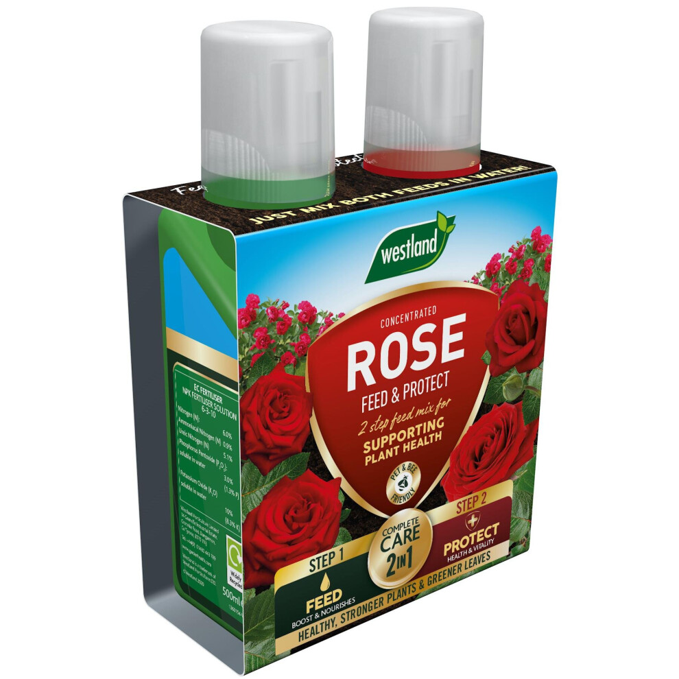 Westland Rose 2 in 1 Feed & Protect Concentrate, Healthy Plants, 500ml - 2 Pack