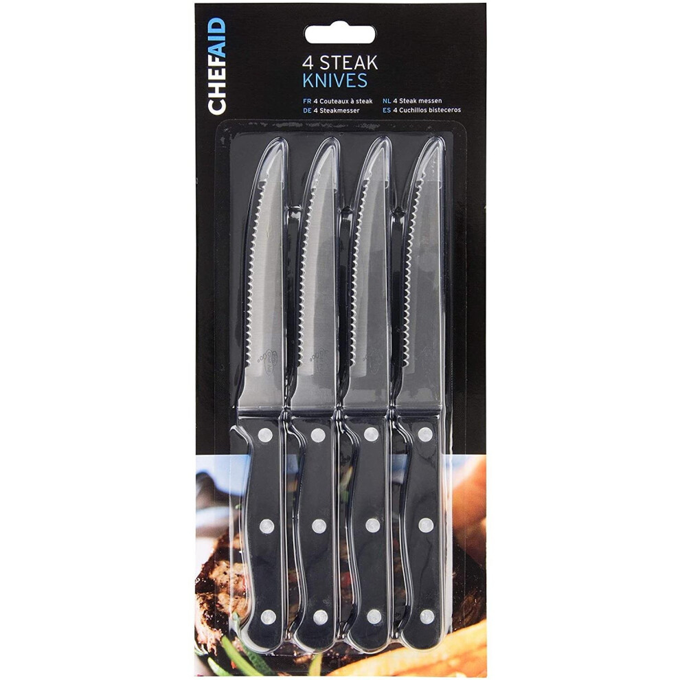 Chef Aid set of 4 Traditional Steak Knives Stainless Steel Dinner Cutlery Black