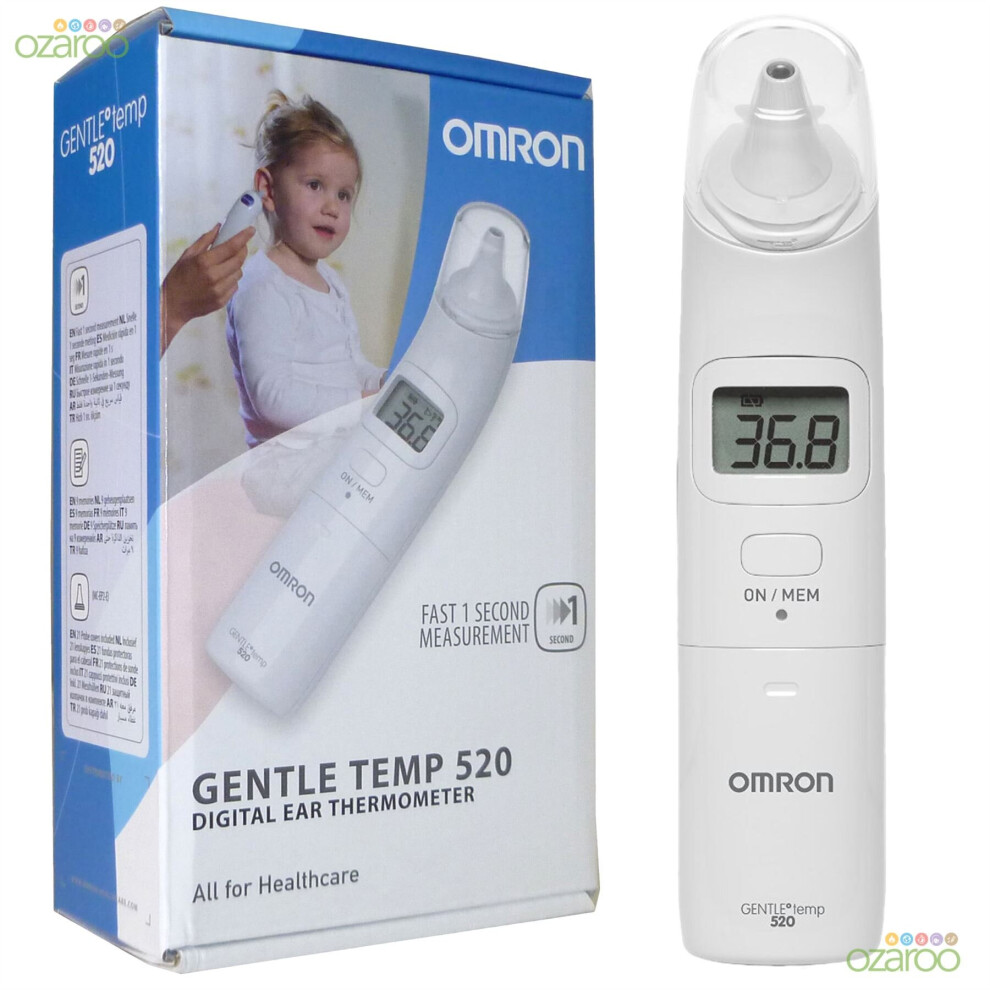 Omron GentleTemp 520 Ear Thermometer ME595E - Digital, 1-Second Reading, Stores 9 Readings, Celsius/Fahrenheit, Large Display, 21 Probe Covers