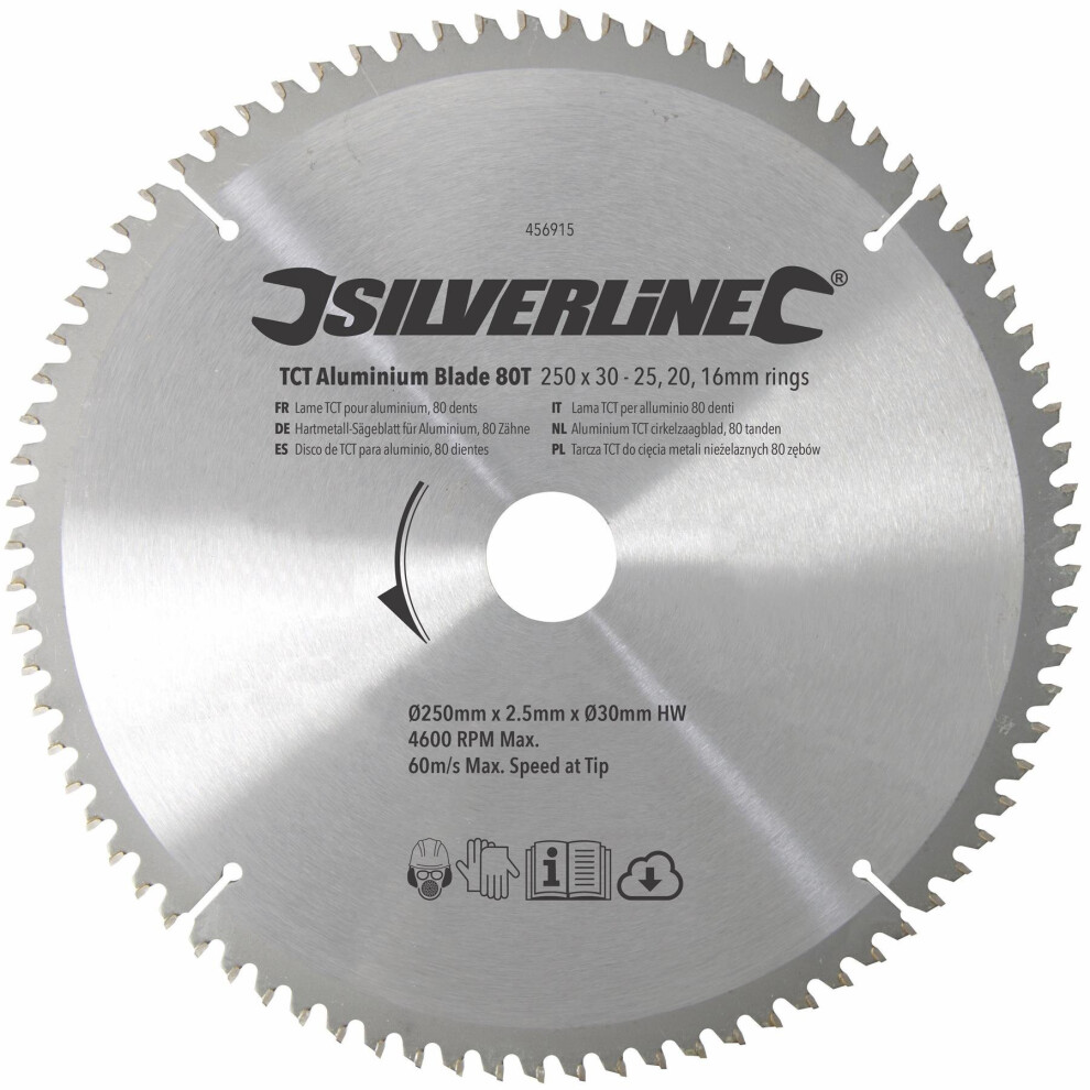 Silverline Tct Aluminium Blade 80t 250 x 30 - 25, 20, 16mm Rings - 20 456915 -  blade aluminium tct 80t 250 x 30 silverline 16mm rings 20 456915 saw