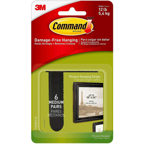3M Command Medium Picture Hanging Strips-Black 6 Sets/Pkg
