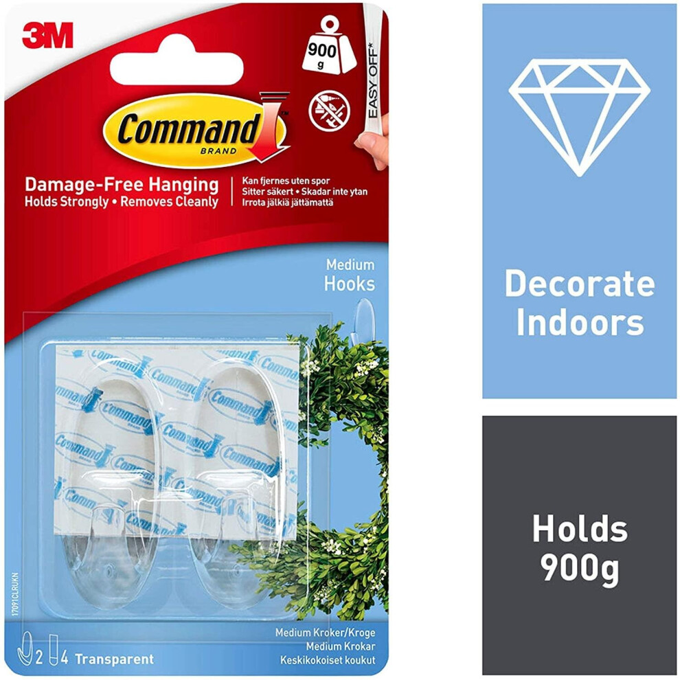Command Medium Hooks-Clear 2 Hooks & 4 Strips