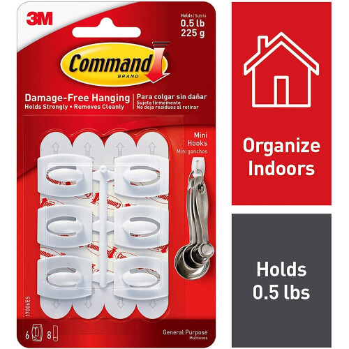 3M Command Mini Hooks-White 6 Hooks & 8 Strips