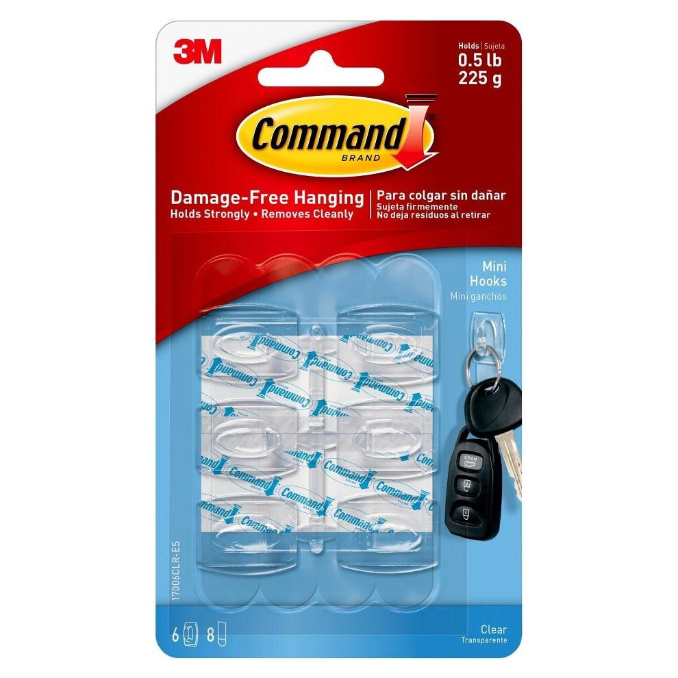 Command Mini Hook 6/Pkg-6 Clear Hooks & 8 Strips