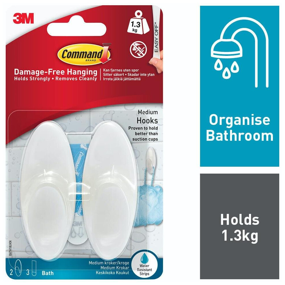 Command Bath Hook 2/Pkg-2 White Hooks & 2 Strips