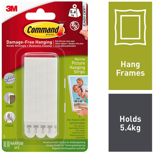 3M Command Narrow Picture Hanging Strips-White 4 Sets/Pkg