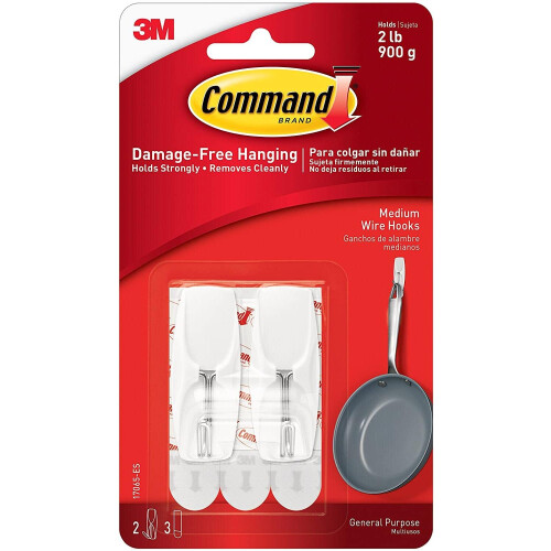 3M Command Medium Wire Hook 2/Pkg-2 White Hooks & 3 Strips