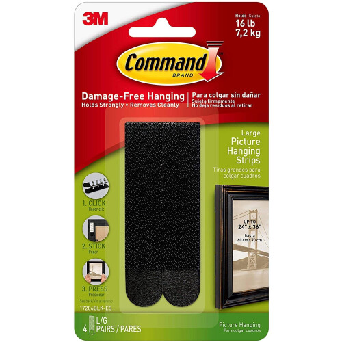 3M Command Large Picture Hanging Strips-Black 4 Sets/Pkg