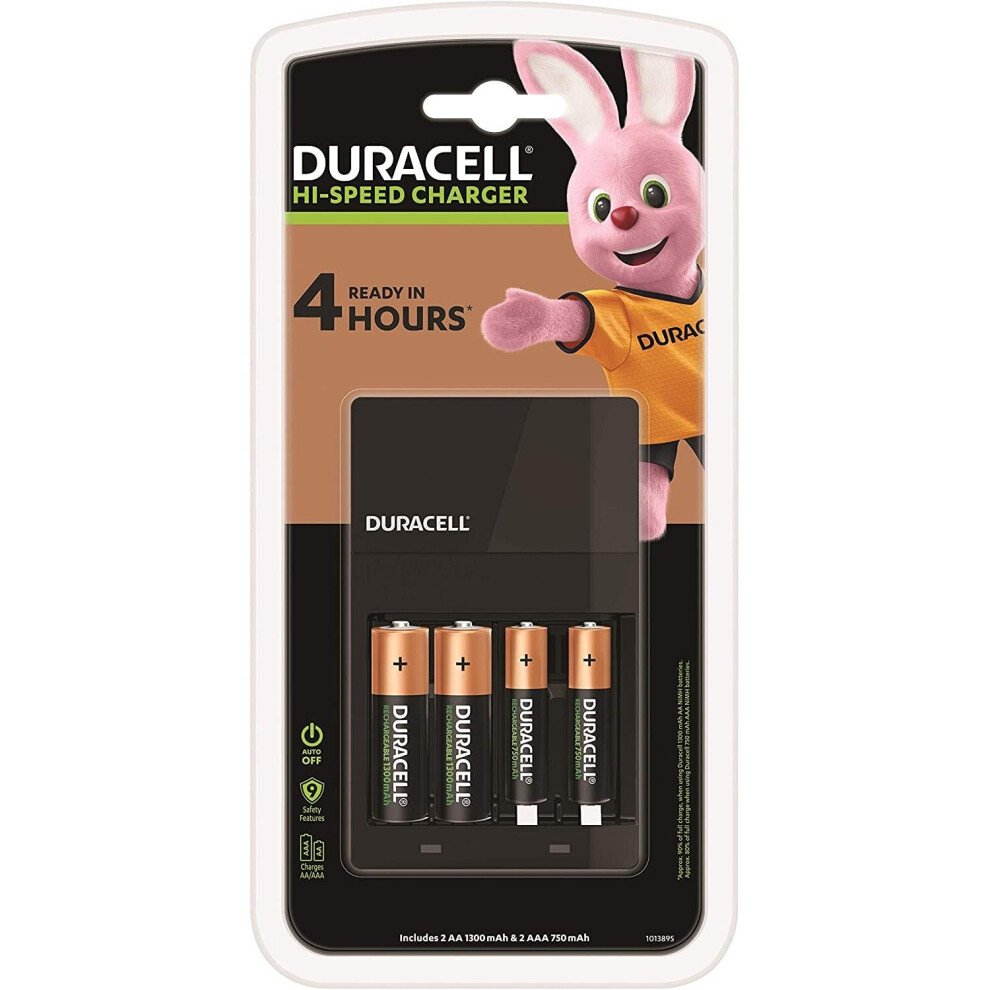 Duracell Hi-Speed Value AA/AAA Battery Charger CEF14 + 2 AA & 2 AAA Rechargeable