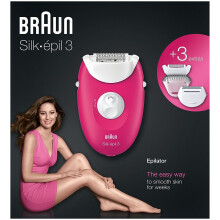 Braun Silk-épil 3 3-410 Corded Epilator Hair Removal + 3 Extras - Raspberry Pink