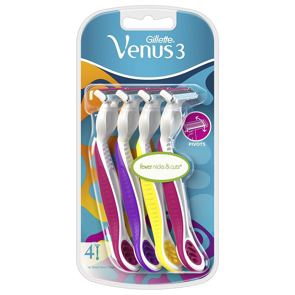 Gillette 4 X Venus 3 Women's Disposable Razors With 3 Blades And Moisture Strip