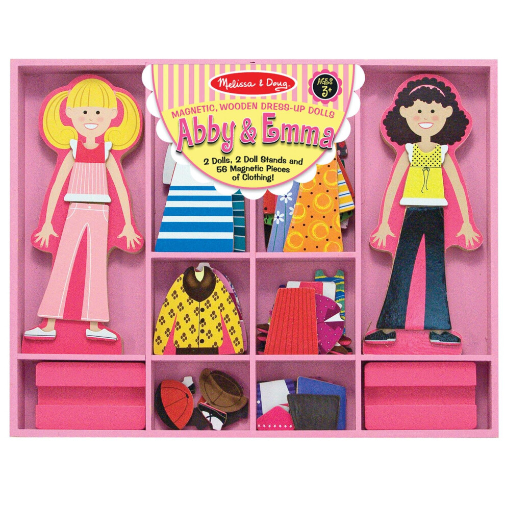 Melissa & Doug Abby and Emma Deluxe Magnetic Wooden Dress-Up Dolls Play Set (55+ pcs)