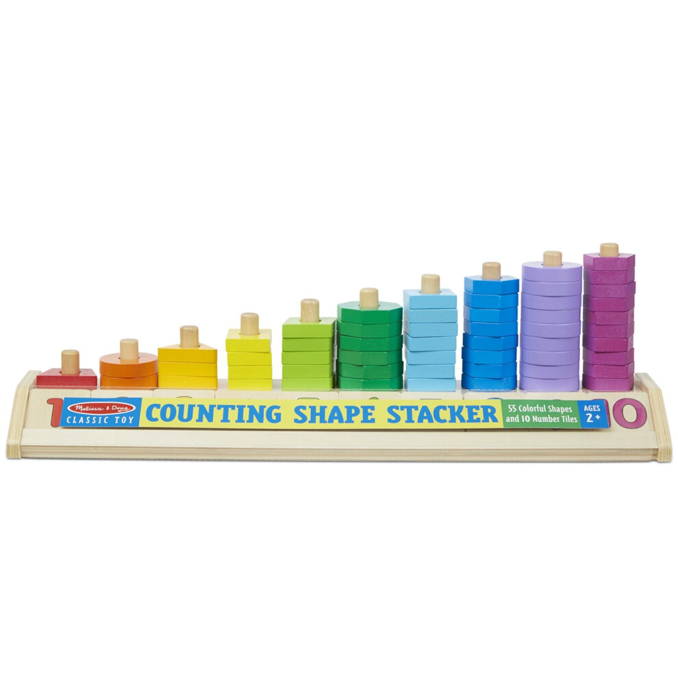 Melissa & Doug 19275 Counting Shape Stacker - Wooden Educational Toy With 55 Shapes and 10 Number Tiles, Multicolor