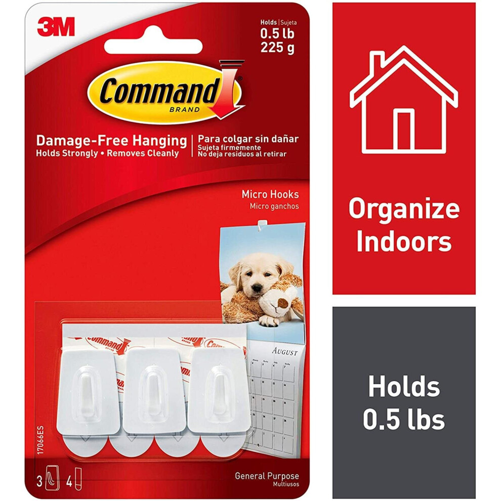 3M 17066 Command Adhesive Micro Utility Hooks  Plastic  White  Three per Pack