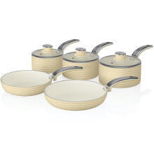 Swan Cream Retro Non-Stick 5pce Pan Set, 3 Saucepans 16/18/20cm & 2 Frying Pans 20/28cm with Tempered Glass Lids & Compatible with Induction Hobs