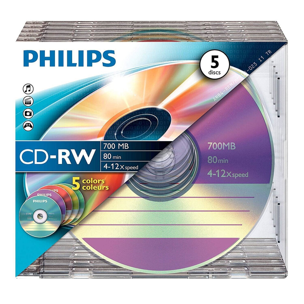 Philips Cd-Rw 80Min Blank Disc X 5 Jewel Case 700Mb 4-12 X Speed 8710895776981