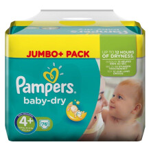 Pampers Baby-Dry Air Channels For Breathable Dryness Overnight and Extra Night Absorption, 76 Nappies, 10-15 kg, Size 4+