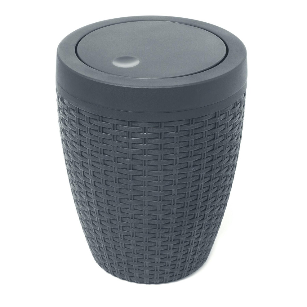 Addis Faux Rattan Round Swing Lid Bathroom Bin, Charcoal, 5 Litre