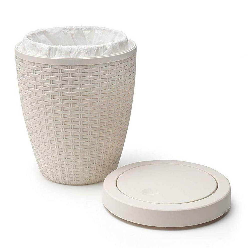 Addis Faux Rattan Round Bathroom Bin with Swing lid, Calico, Linen, 5 Litre