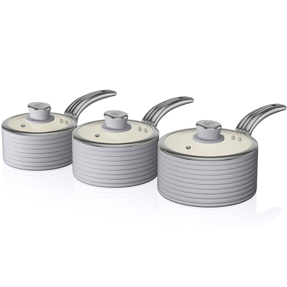 Swan Grey Retro 3pce Saucepan Set 16cm/18cm/20cm with Glass Lids, Non-Stick & Compatible with Induction Hobs