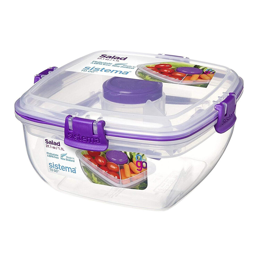 Sistema Klip It Salad To Go 1.1 Litre Container 21356,Clear With Coloured Clips, Assorted Colours, One Only Supplied