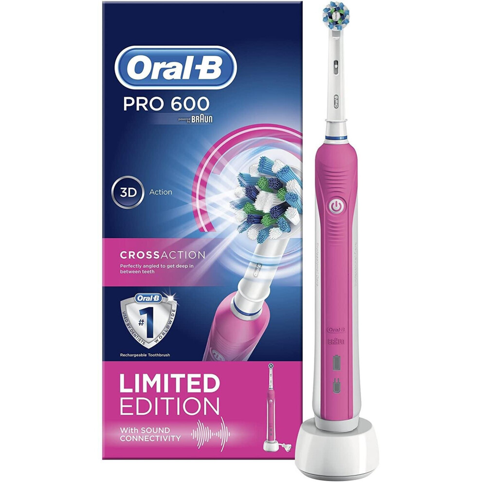 Oral-B Pink Pro 600 Crossaction Electric Rechargeable Toothbrush Powered By Braun