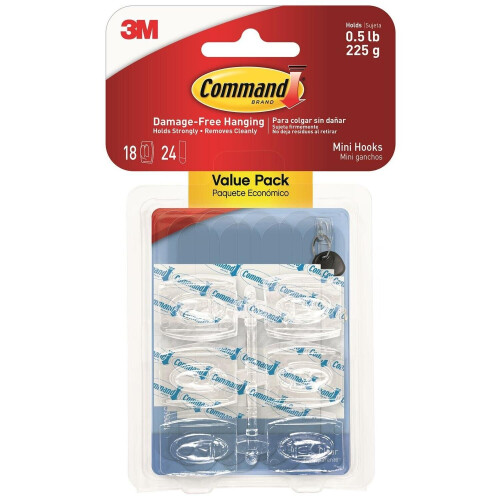 3M Command 17006CLRVP Clear Hooks and Strips  Plastic  Mini  18 Hooks with 24 Adhesive Strips per Pack