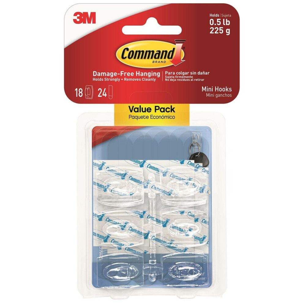 Command 17006CLRVP Clear Hooks and Strips  Plastic  Mini  18 Hooks with 24 Adhesive Strips per Pack