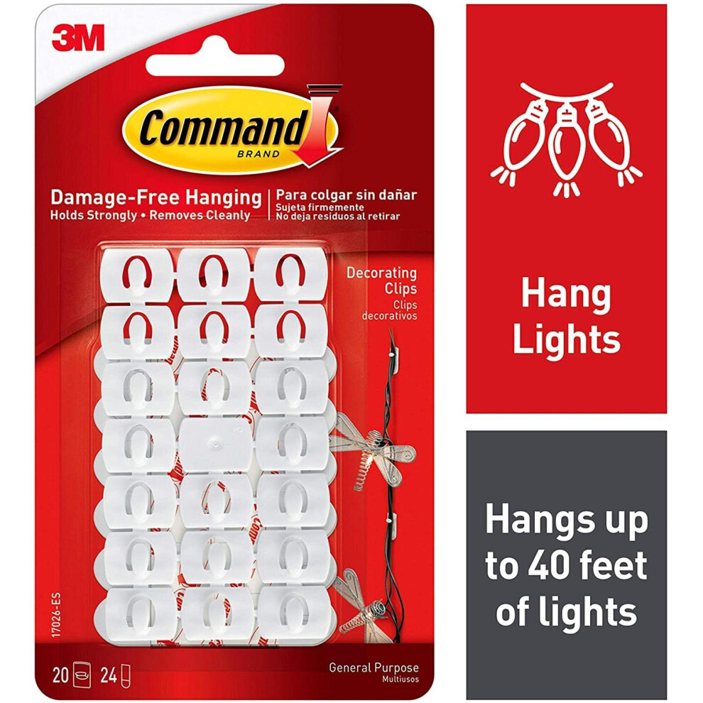 Command Decoration Clips for Christmas & Fairy Light - White (C-17026) - Damage-Free, Strong Hold, Easy to Apply & Remove