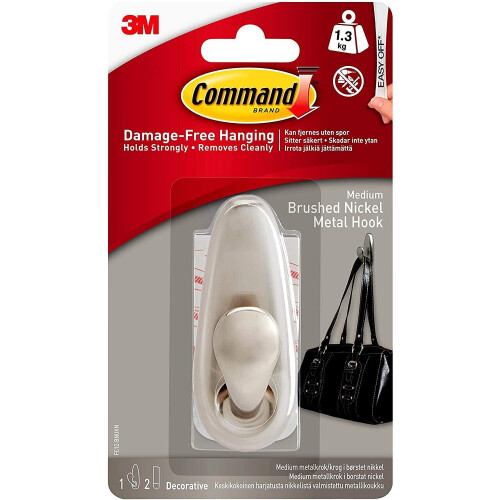 3M Command FC12-BN Adhesive Mount Metal Hook  Medium  Brushed Nickel Finish