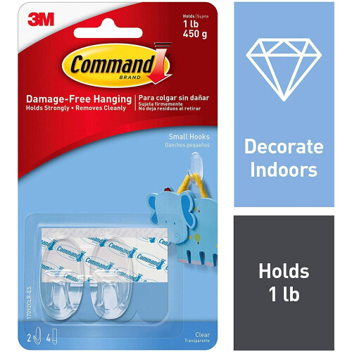3M Command Small Hook 2/Pkg-2 Clear Hooks & 4 Strips