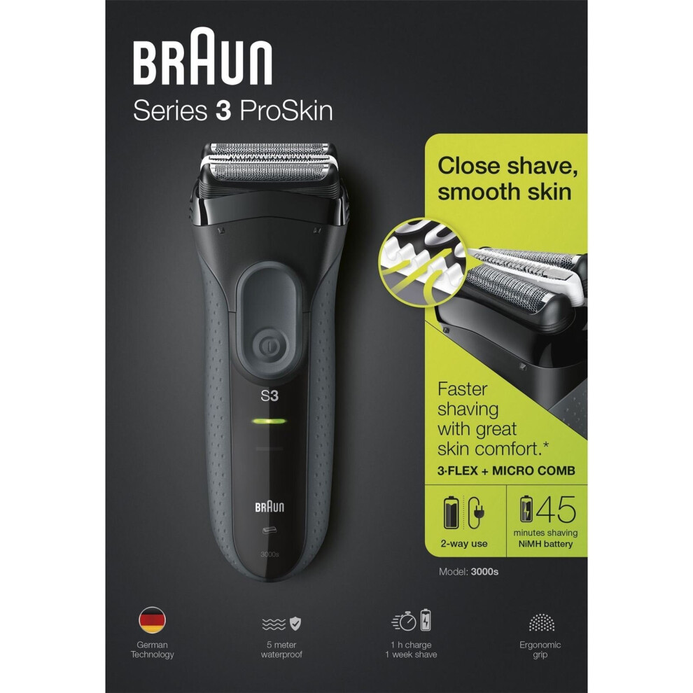 Braun Series 3 ProSkin 3000s Men Electric Rechargeable Shaver Smooth Razor Black