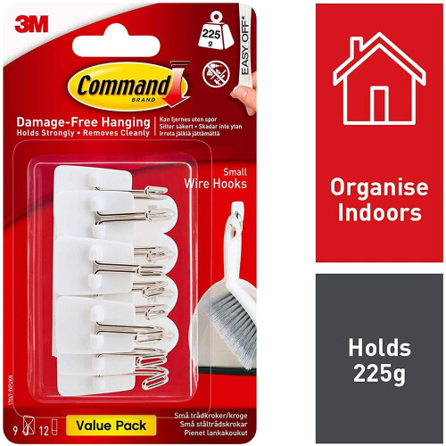 3M Command 17067-VP Adhesive Hook Value Pack- Small- Holds 1/2-lb- White- 9/Pack 1