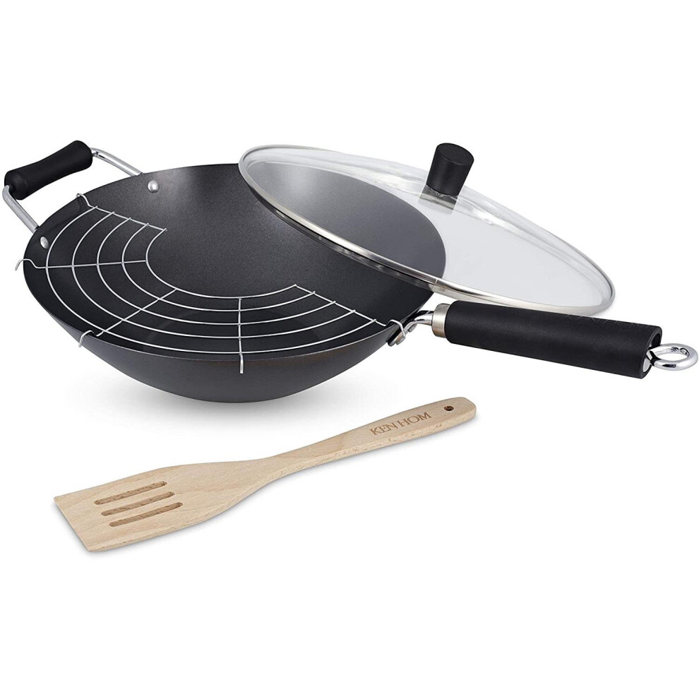 Ken Hom Excellence 31cm Carbon Steel Wok Non-Stick 4 Piece Set Stir Fry Pan