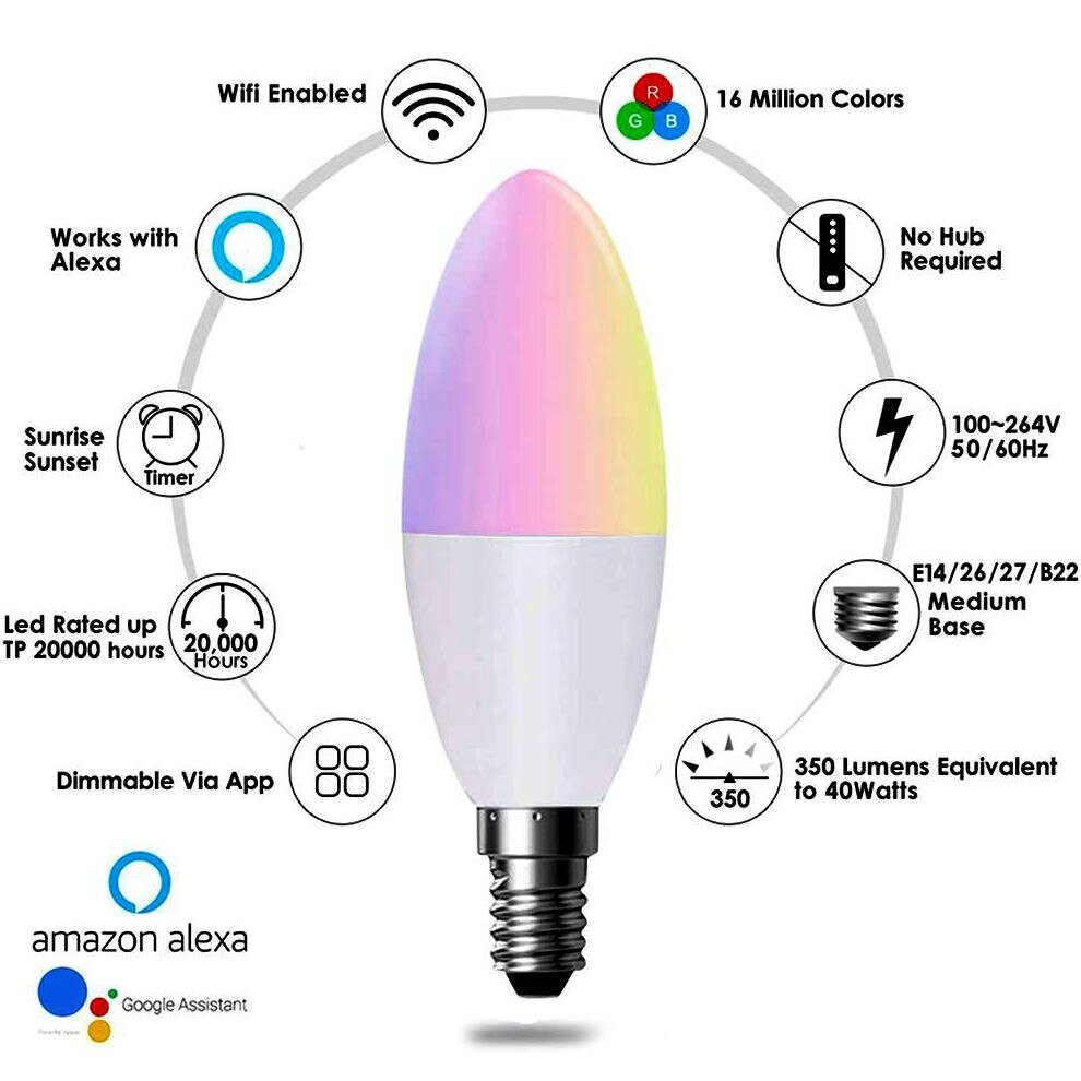 Smart WiFi E14 LED Candle Bulb 4.5W, RGB+W+WW, Dimmable