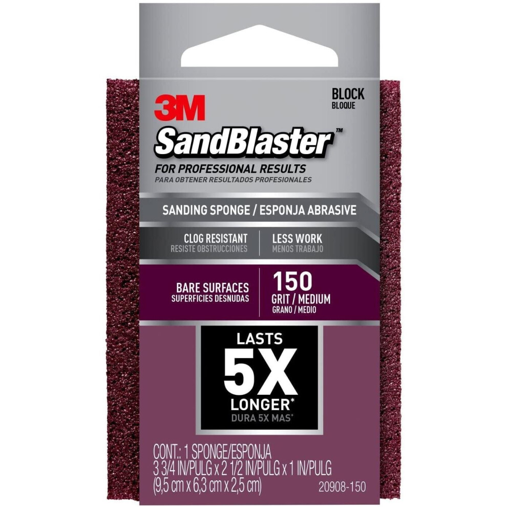 3M Sandblaster Sanding Sponge For Bare Surfaces, Small Detail, Medium, 150 Grit