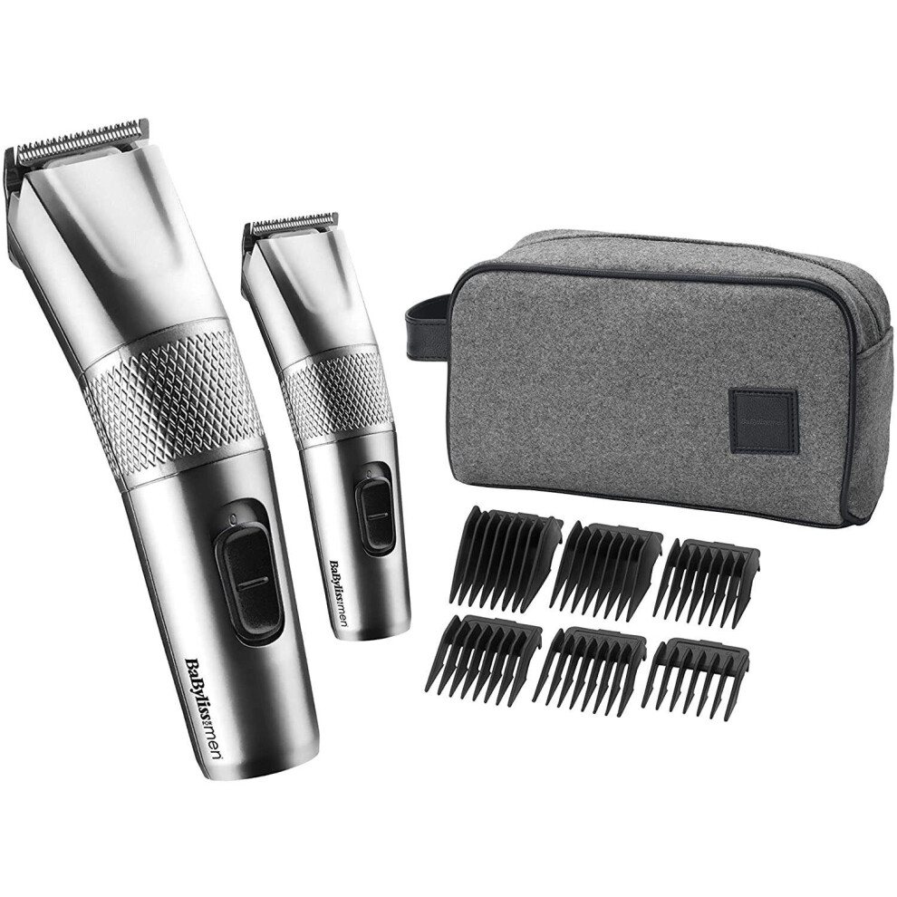 BaByliss Men Steel Edition Clipper Gift Set, Grade 1-8 Battery Trimmer, Washbag