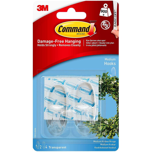 3M Command Medium Hooks-Clear 2 Hooks & 4 Strips 1