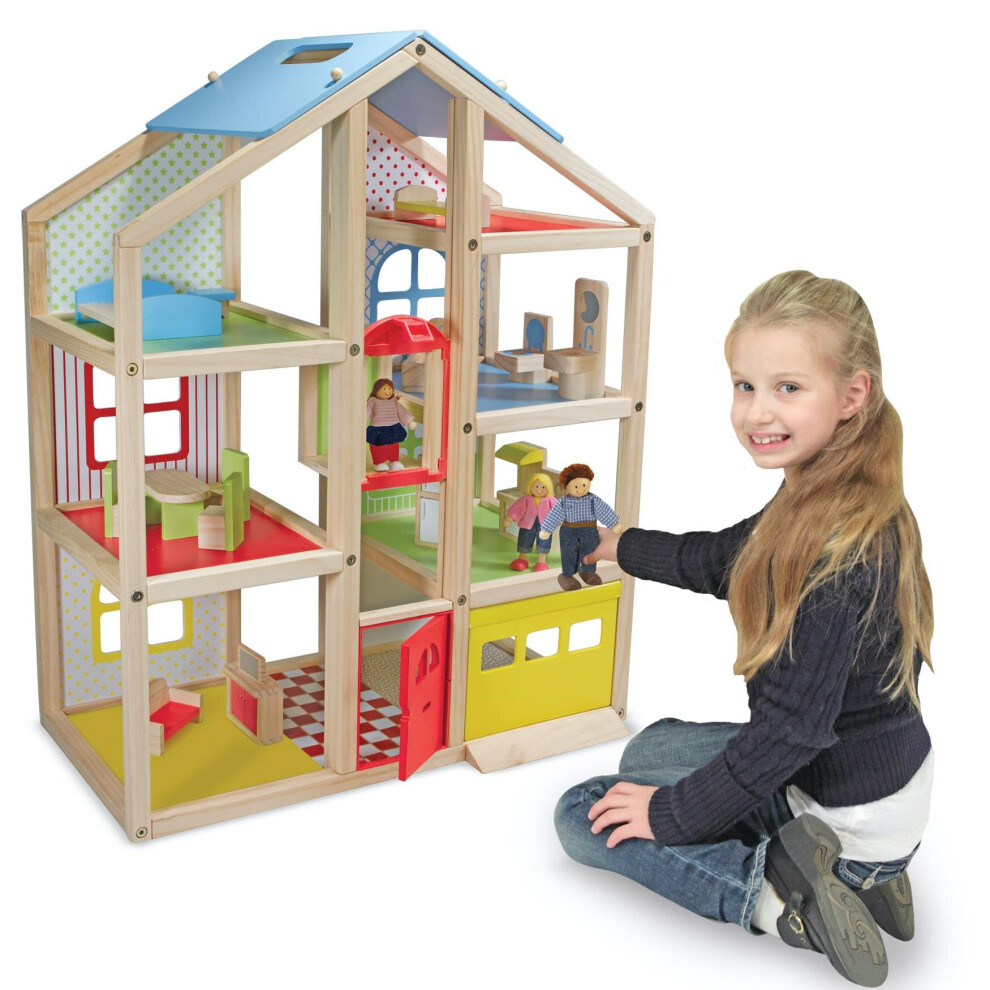 Melissa Doug Hi Rise Wooden Dollhouse With 15 pcs Furniture Garage and Working Elevator on OnBuy