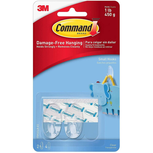 3M Command Small Hook 2/Pkg-2 Clear Hooks & 4 Strips 1