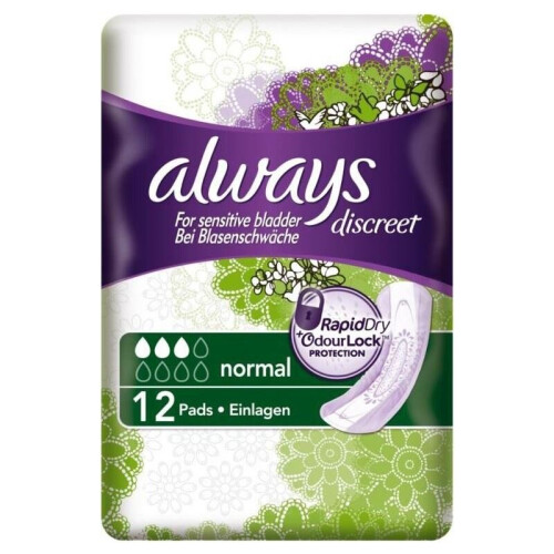 Always Always Discreet Sensitive Bladder Incontinence Pads Normal Odour Lock Pack of 12 1