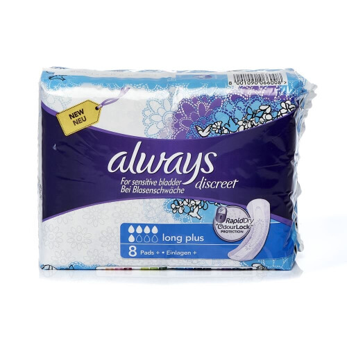 Always Always Discreet Sensitive Bladder Incontinence Pads Long Plus Pad Thin Pack of 8 1