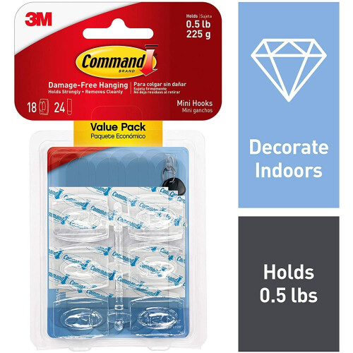 3M Command 17006CLRVP Clear Hooks and Strips  Plastic  Mini  18 Hooks with 24 Adhesive Strips per Pack 1