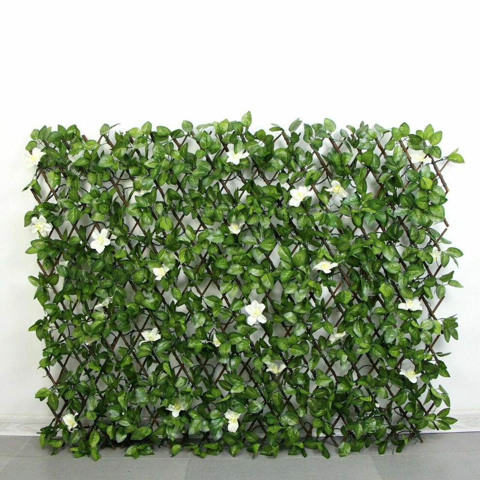 (Green with White Flowers) Expanding Wooden Garden Trellis Screen With Artificial Plant Leaves & Flowers