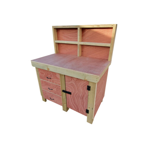 (5ft, With Back Panel) Wooden Workbench Eucalyptus Top Tool Cabinet Double Shelf with Lockable Cupboard 2