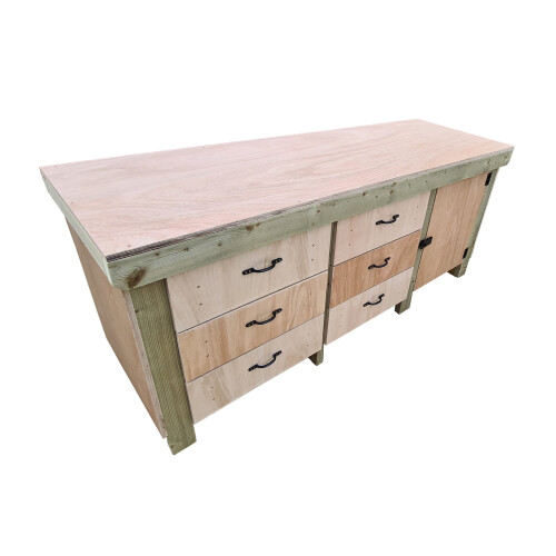 (8ft, Without Back Panel) Wooden Workbench Eucalyptus Top Tool Cabinet Double Shelf with Lockable Cupboard 1