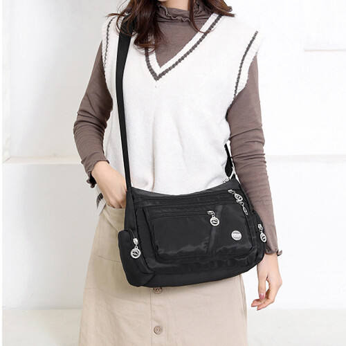 (Black) Ladies Multi Pocket Messenger Handbag Shoulder Bag 2