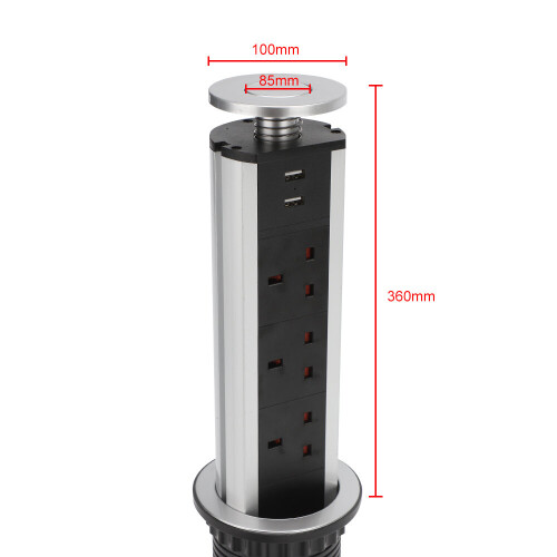 1.9M Pop Up Socket Aluminum alloy 3 Socket 2 USB Safety Switch 1