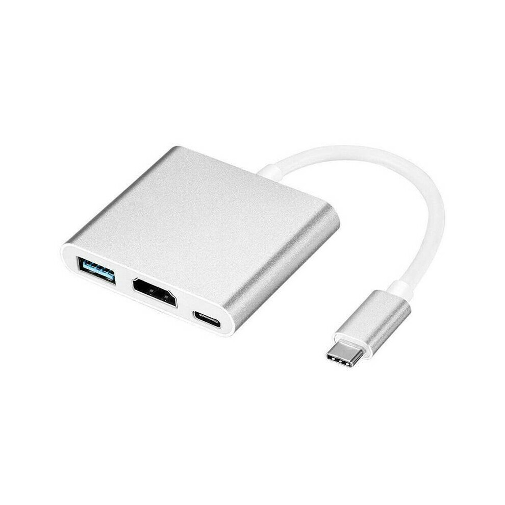 (Silver) 3 In 1 Type C To Usb-C 4K Hdmi Usb 3.0 Hub Adapter Cable For Apple Macbook Uk Silver